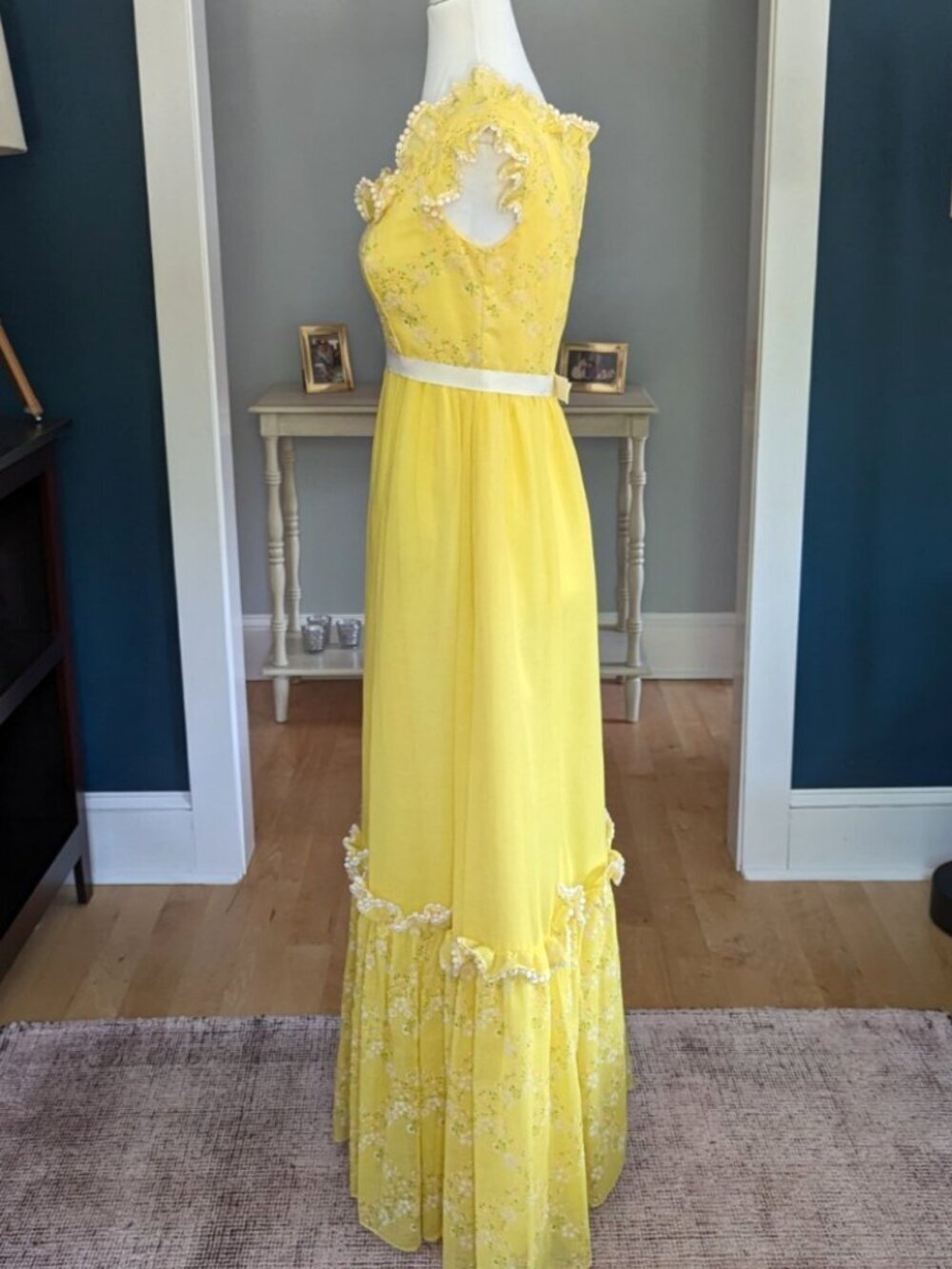 Vintage 70's Lorrie Deb Yellow Prarie Prom Maxi Ruffle Dress XS USA Union Made - Picture 5 of 17